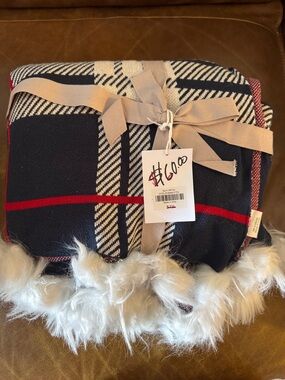 Plaid Throw Blanket with Faux Fur Trim - Navy, Red, Cream